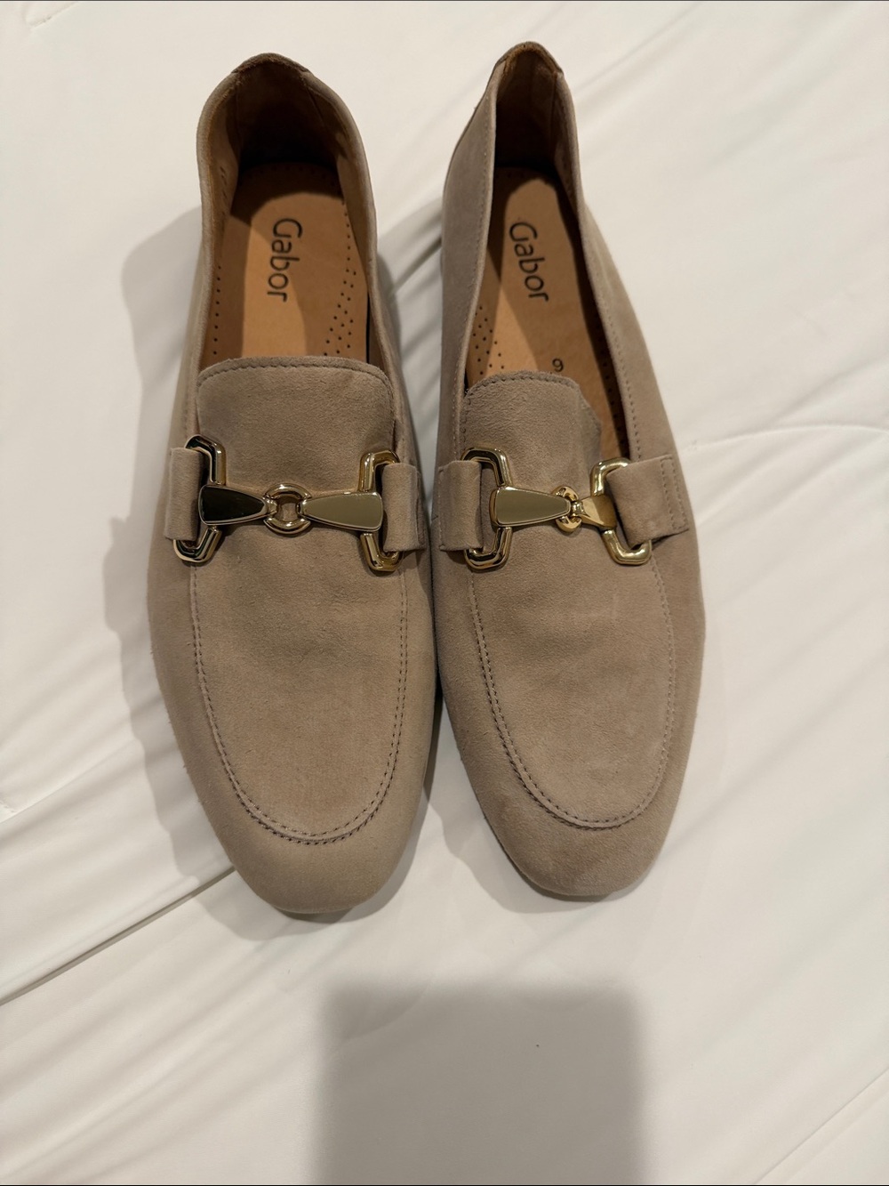 Gabor Taupe Suede Loafers with Gold Hardware